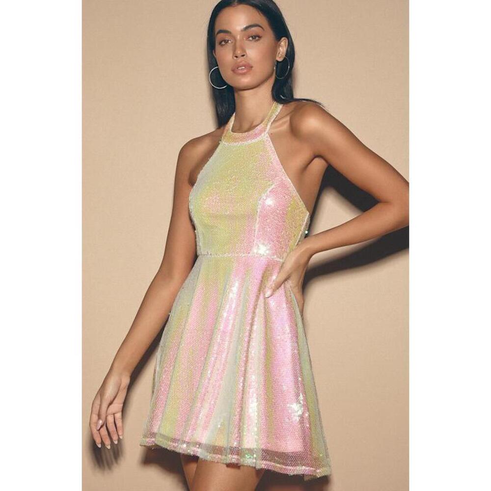 Lulus Pure Magic White Iridescent Sequin Halter Dress - Size XS